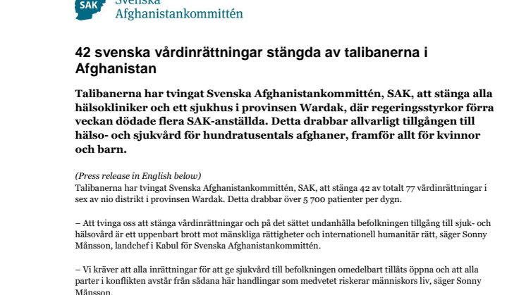 42 svenska vårdinrättningar stängda av talibanerna i Afghanistan