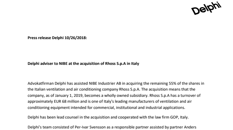 Delphi adviser to NIBE at the acquisition of Rhoss S.p.A in Italy