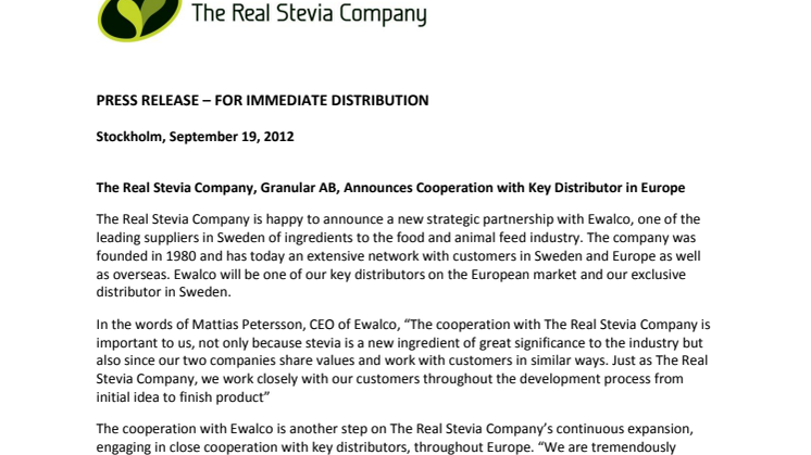 The Real Stevia Company, Granular AB, Announces Cooperation with Key Distributor in Europe