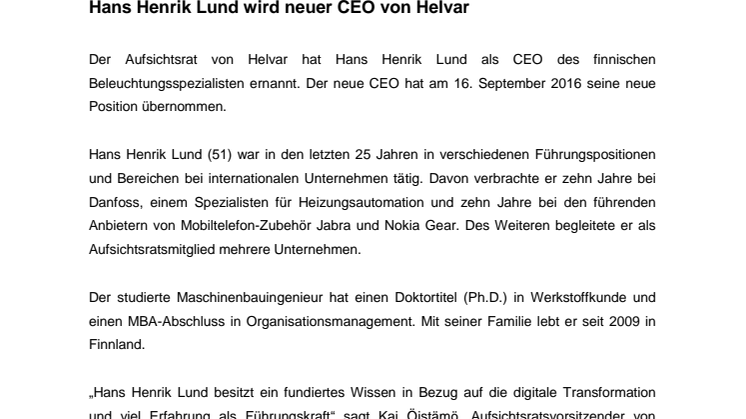 Hans Henrik Lund wird neuer CEO von Helvar