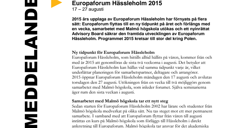 Europaforum Hässleholm 2015: 17 – 27 augusti