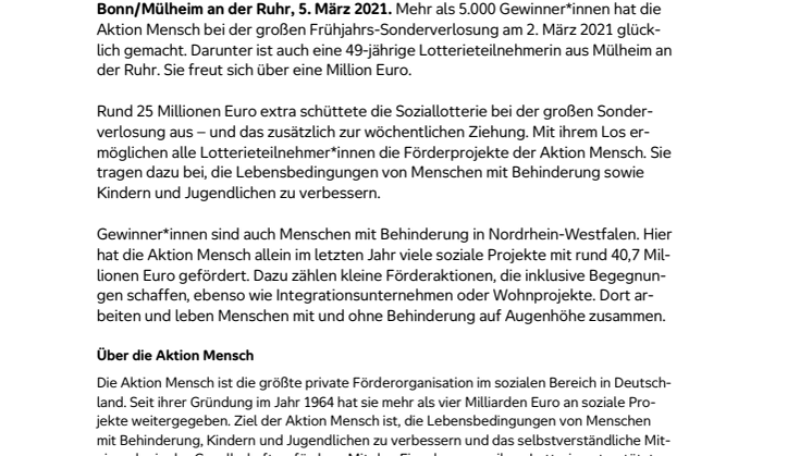 Mülheim an der Ruhr:  Glückspilz gewinnt 1 Million Euro bei der Frühjahrs-Sonderverlosung der Aktion Mensch