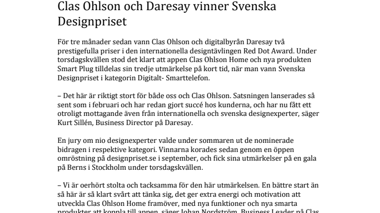 Clas Ohlson och Daresay vinner Svenska Designpriset