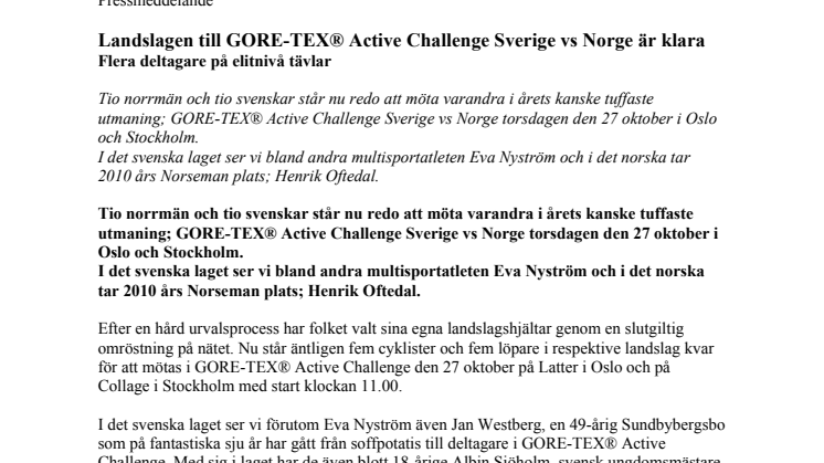 Landslagen till GORE-TEX® Active Challenge är klara  - flera deltagare på elitnivå tävlar  