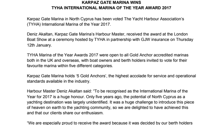 Karpaz Gate Marina Wins TYHA International Marina of the Year Award 2017