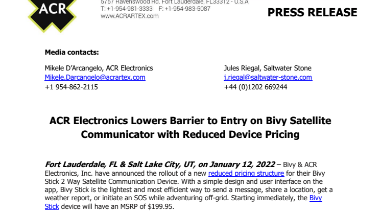 January 12 2022 - ACR Electronics Lowers Barrier to Entry on Bivy Satellite Communicator with Reduced Device.pdf