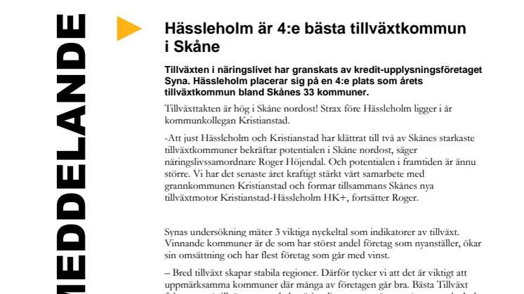 Hässleholm är fjärde bästa tillväxtkommun i Skåne