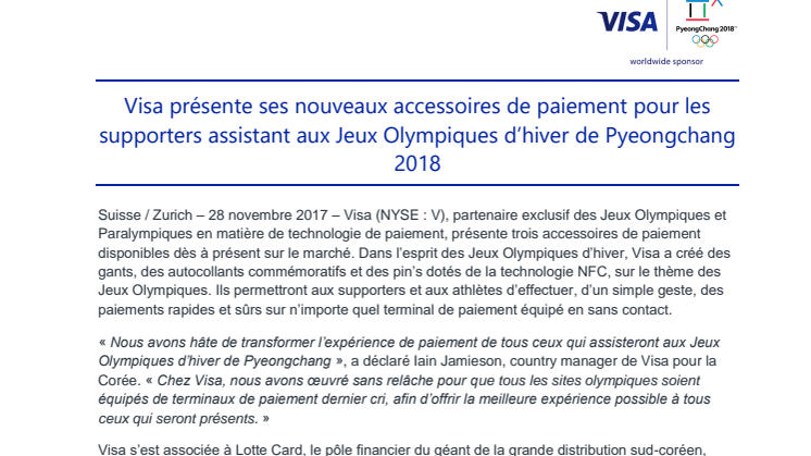 Visa présente ses nouveaux accessoires de paiement pour les supporters assistant aux Jeux Olympiques d’hiver de Pyeongchang 2018