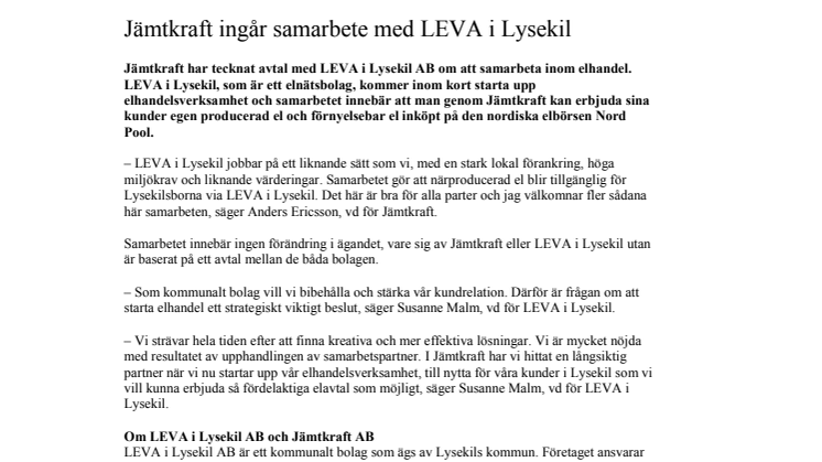 ​Jämtkraft ingår samarbete med LEVA i Lysekil