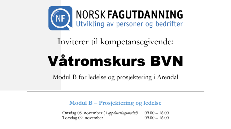 Invitasjon til våtromskurs  - B-Modul -prosjekterende i Arendal -8 november 2018
