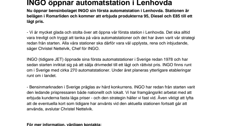 INGO öppnar automatstation i Lenhovda