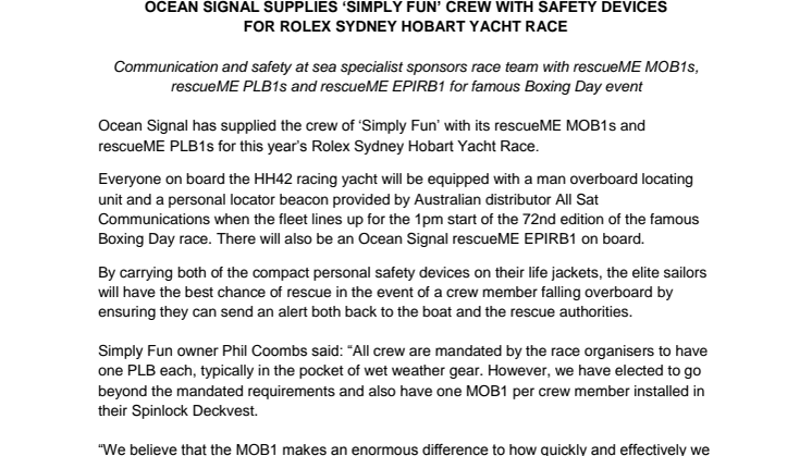 Ocean Signal: Ocean Signal Supplies ‘Simply Fun’ Crew with Safety Devices For Rolex Sydney Hobart Yacht Race