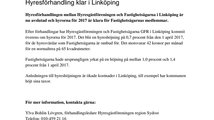 Hyresförhandling klar i Linköping