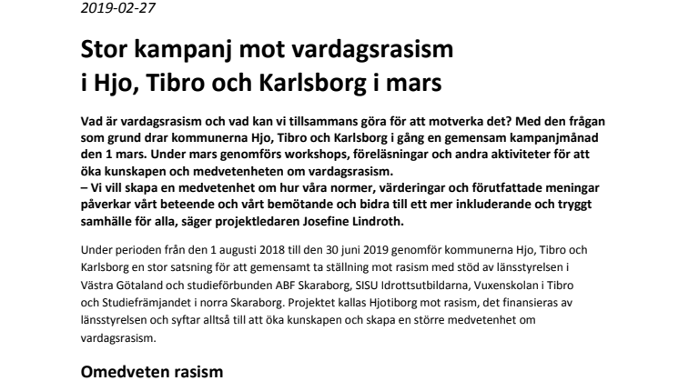 Stor kampanj mot vardagsrasism i Hjo, Tibro och Karlsborg i mars