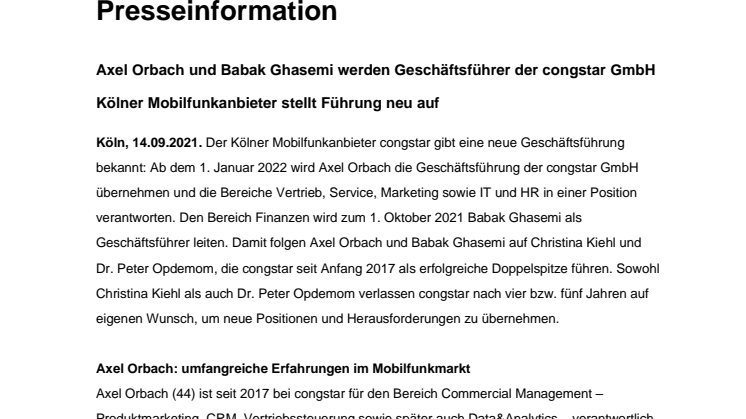 Axel Orbach und Babak Ghasemi werden Geschäftsführer der congstar GmbH