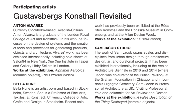 Gustavsbergs Konsthall Revisited, participating artists