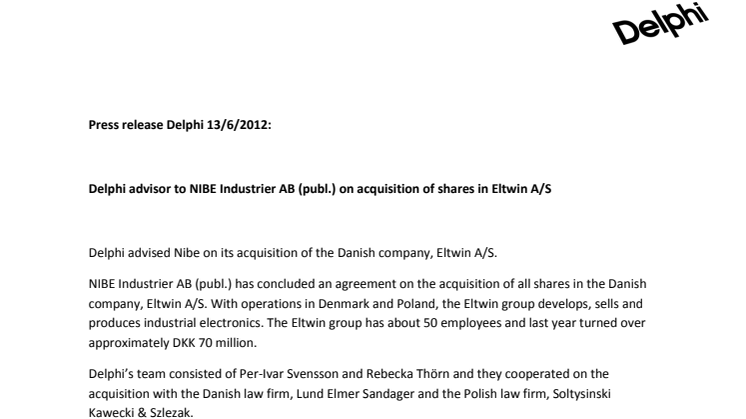 Delphi advisor to NIBE Industrier AB (publ.) on acquisition of shares in Eltwin A/S