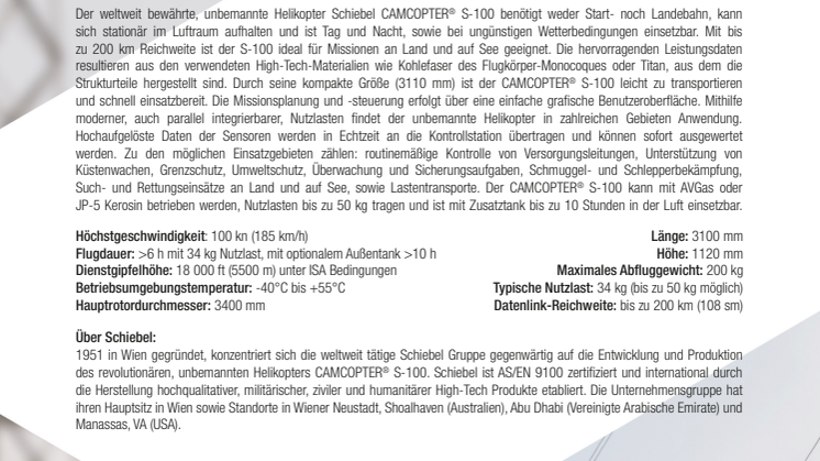 Factsheet: Unbemannte Helikopter Schiebel CAMCOPTER® S-100