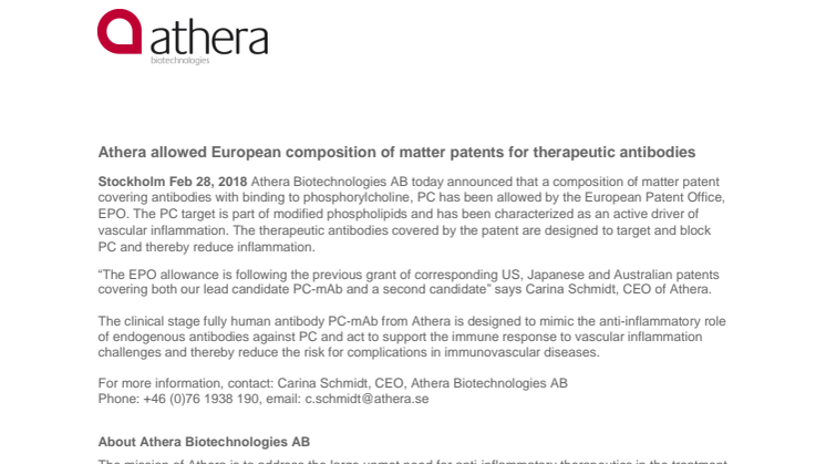 Athera allowed European composition of matter patents for therapeutic antibodies
