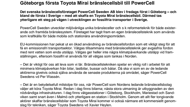 Göteborgs första Toyota Mirai bränslecellsbil till PowerCell