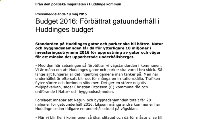 Budget 2016: Förbättrat gatuunderhåll i Huddinges budget 