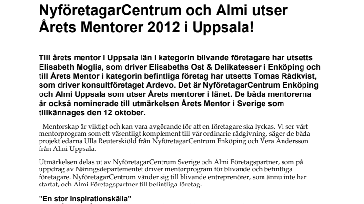 NyföretagarCentrum och Almi utser Årets Mentorer 2012 i Uppsala!