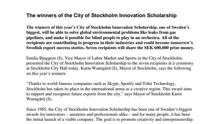 Stockholm Innovation Scholarship: 7 ​entrepreneurs awarded