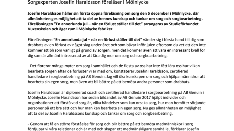 ​Sorgexperten Josefin Haraldsson föreläser i Mölnlycke