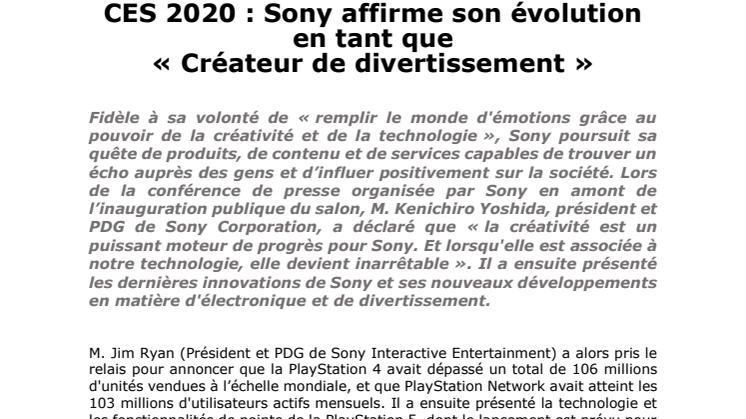 CES 2020 : Sony affirme son évolution en tant que  « Créateur de divertissement » 