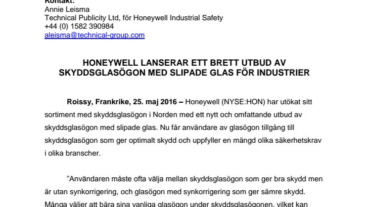 Honeywell lanserar ett brett utbud av skyddsglasögon med slipade glas för industrier 