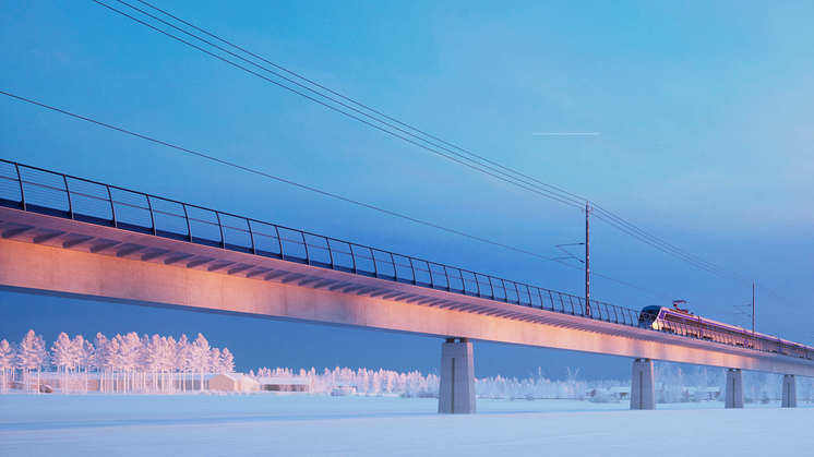 Så här kommer bron för Norrbotniabanan genom Robertsfors att se ut. Bild: Dissing+Weitling
