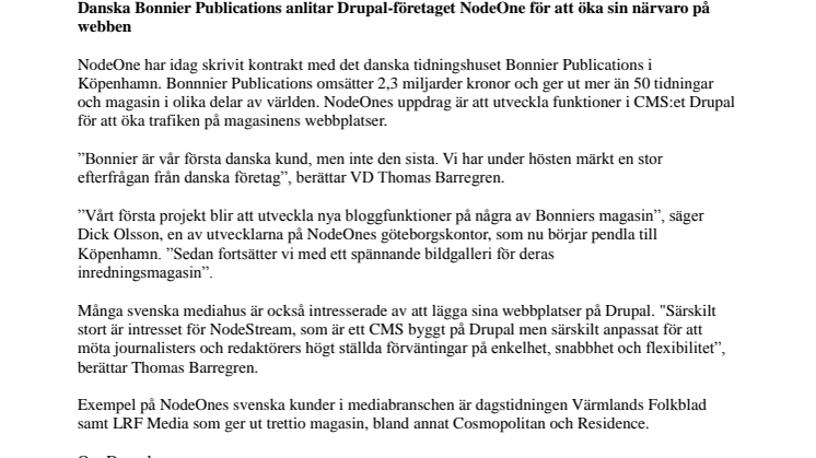 Danska Bonnier Publications anlitar Drupal-företaget NodeOne för att öka sin närvaro på webben