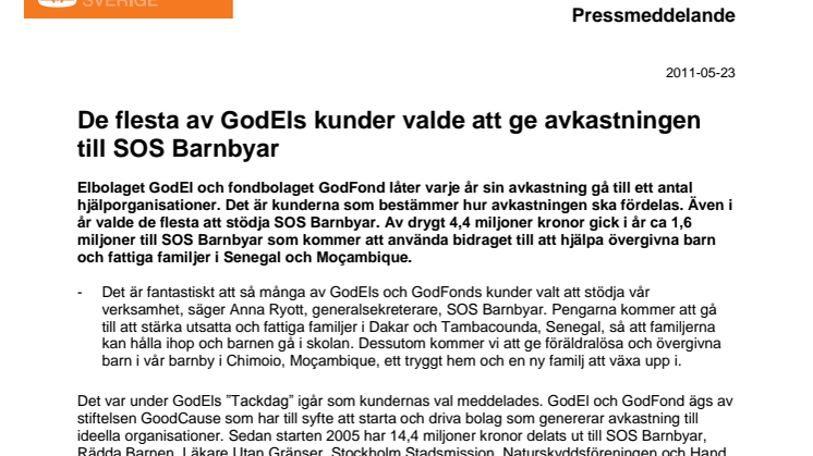 De flesta av GodEls kunder valde att ge avkastningen till SOS Barnbyar