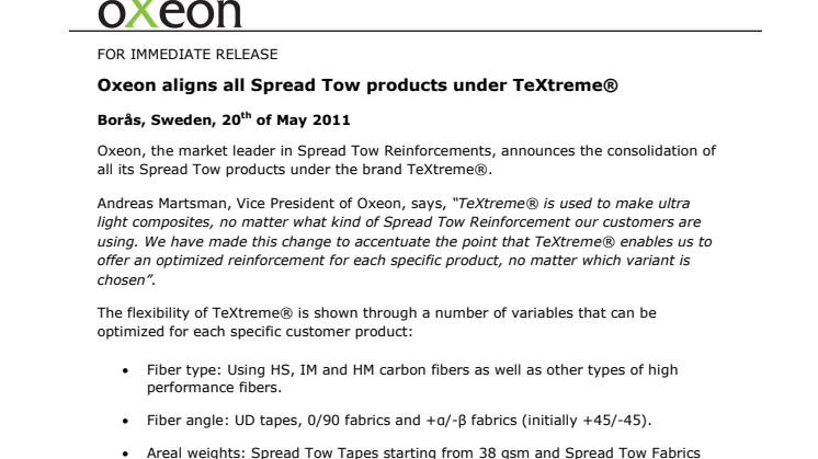 Oxeon aligns all Spread Tow products under TeXtreme®