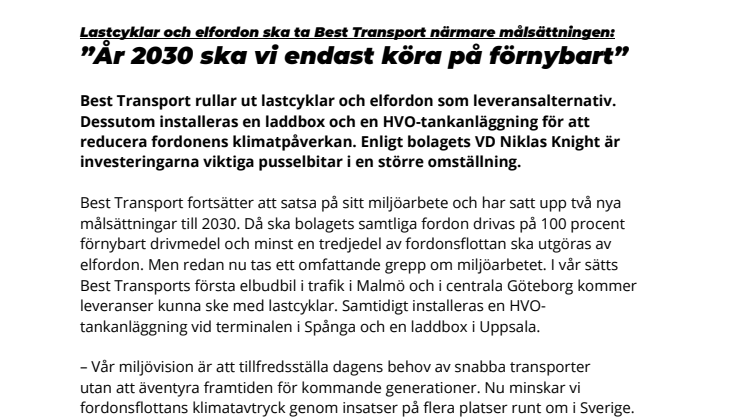 Best Transport rullar ut lastcyklar och elbudbil