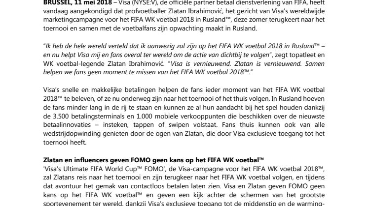 ​  Visa brengt Zlatan Ibrahimović terug naar het  FIFA WK voetbal 2018 Rusland™