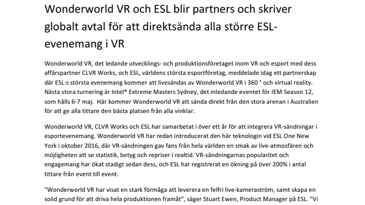 Svenska Wonderworld VR skriver unikt avtal med världens största esportliga, ESL