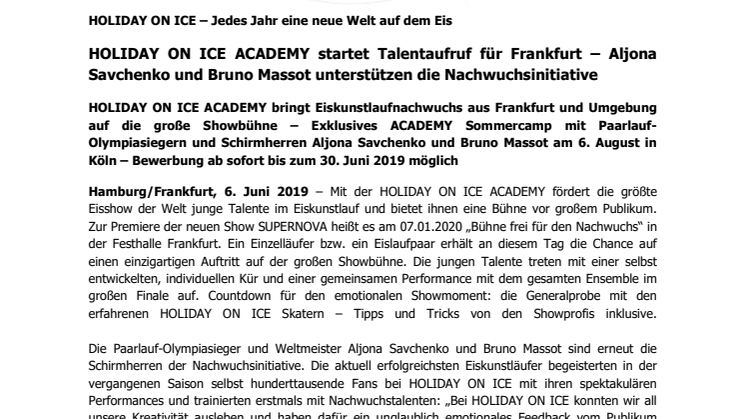 HOLIDAY ON ICE ACADEMY startet Talentaufruf für Frankfurt – Aljona Savchenko und Bruno Massot unterstützen die Nachwuchsinitiative