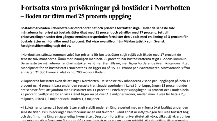 Fortsatta stora prisökningar på bostäder i Norrbotten - Boden tar täten med 25 procents uppgång