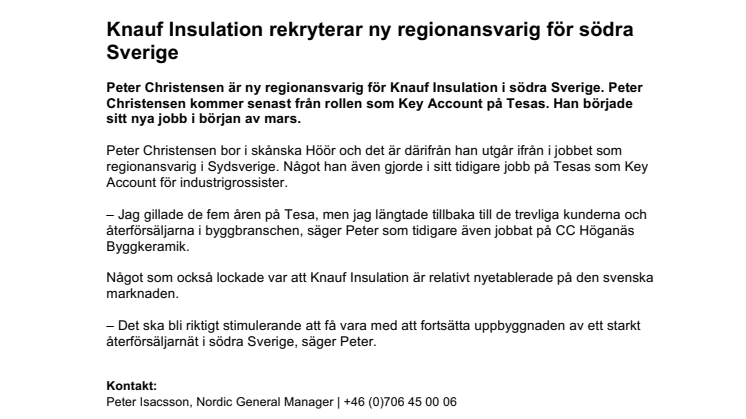 Knauf Insulation rekryterar ny regionansvarig för södra Sverige
