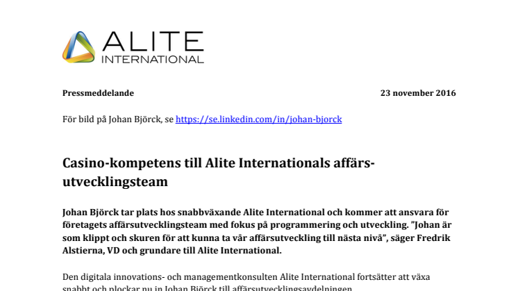 Casino-kompetens till Alite Internationals affärs-utvecklingsteam