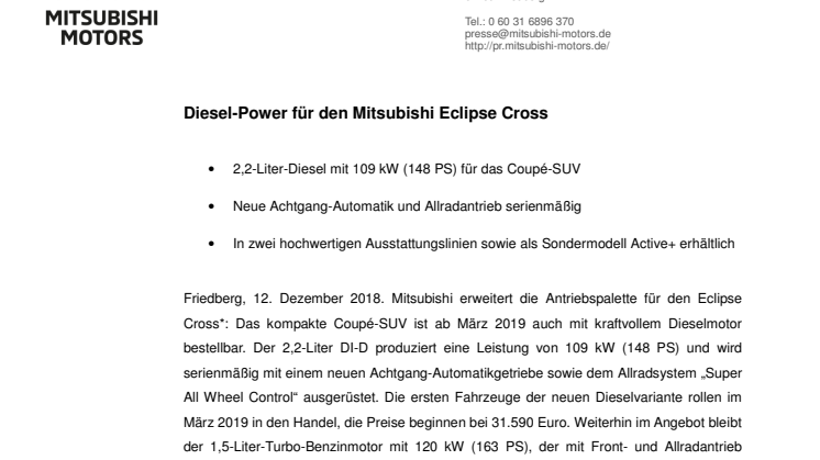 ​Diesel-Power für den Mitsubishi Eclipse Cross