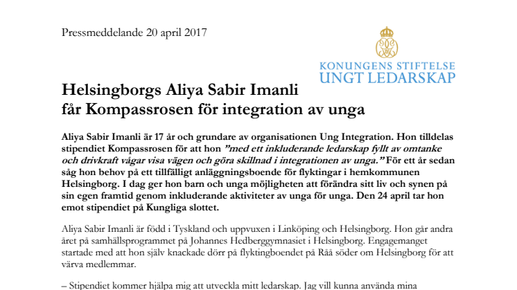 Helsingborgs Aliya Sabir Imanli får Kompassrosen för integration av unga 
