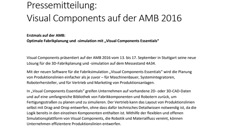 Visual Components Erstmals auf der AMB 2016