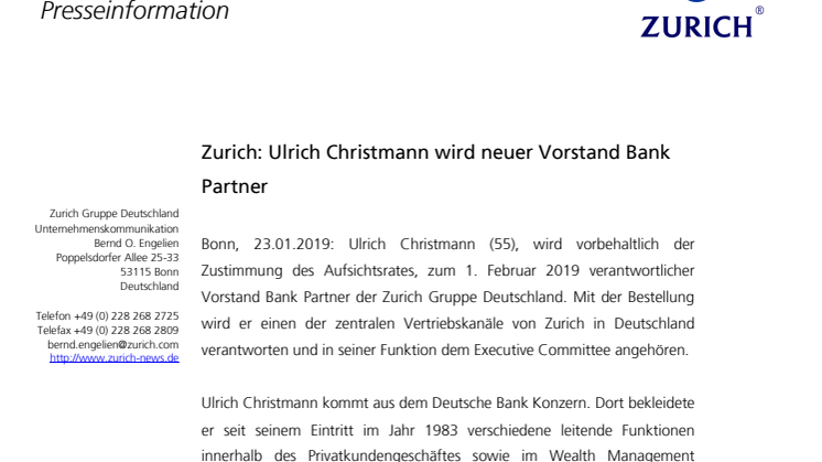 Zurich: Ulrich Christmann wird neuer Vorstand Bank Partner
