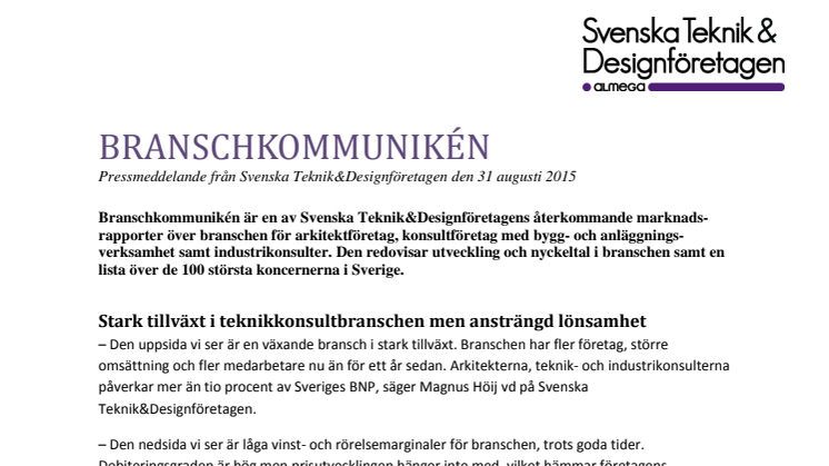 Branschkommunikén 2015: Stark tillväxt i teknikkonsultbranschen men ansträngd lönsamhet