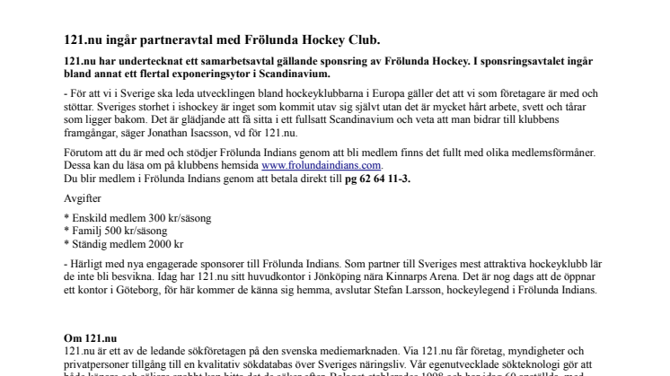 121.nu ingår partneravtal med Frölunda Hockey Club.