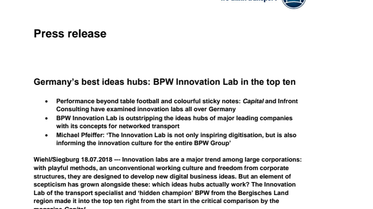 Germany’s best ideas hubs: BPW Innovation Lab in the top ten 