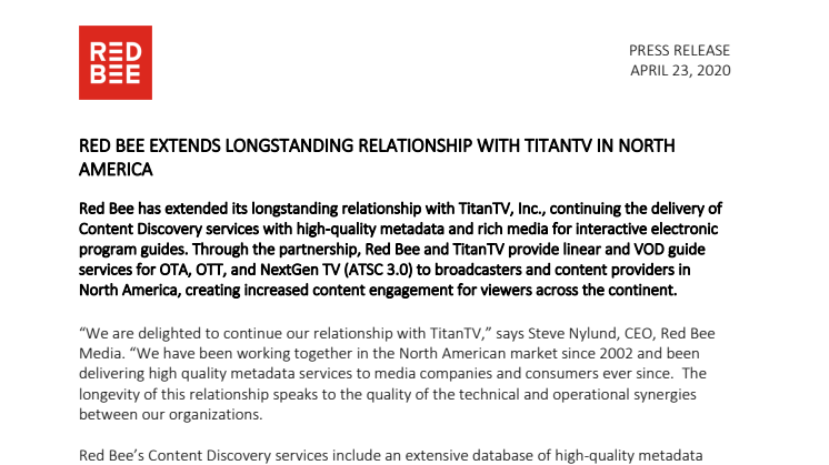 Red Bee Extends Longstanding Relationship with TitanTV in North America