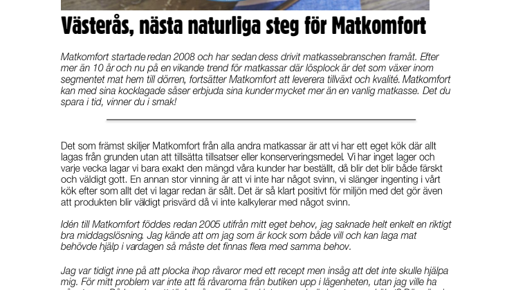 Västerås, nästa naturliga steg för Matkomfort